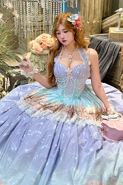Gradient Bubble Halter Neck French Dress + Skirt