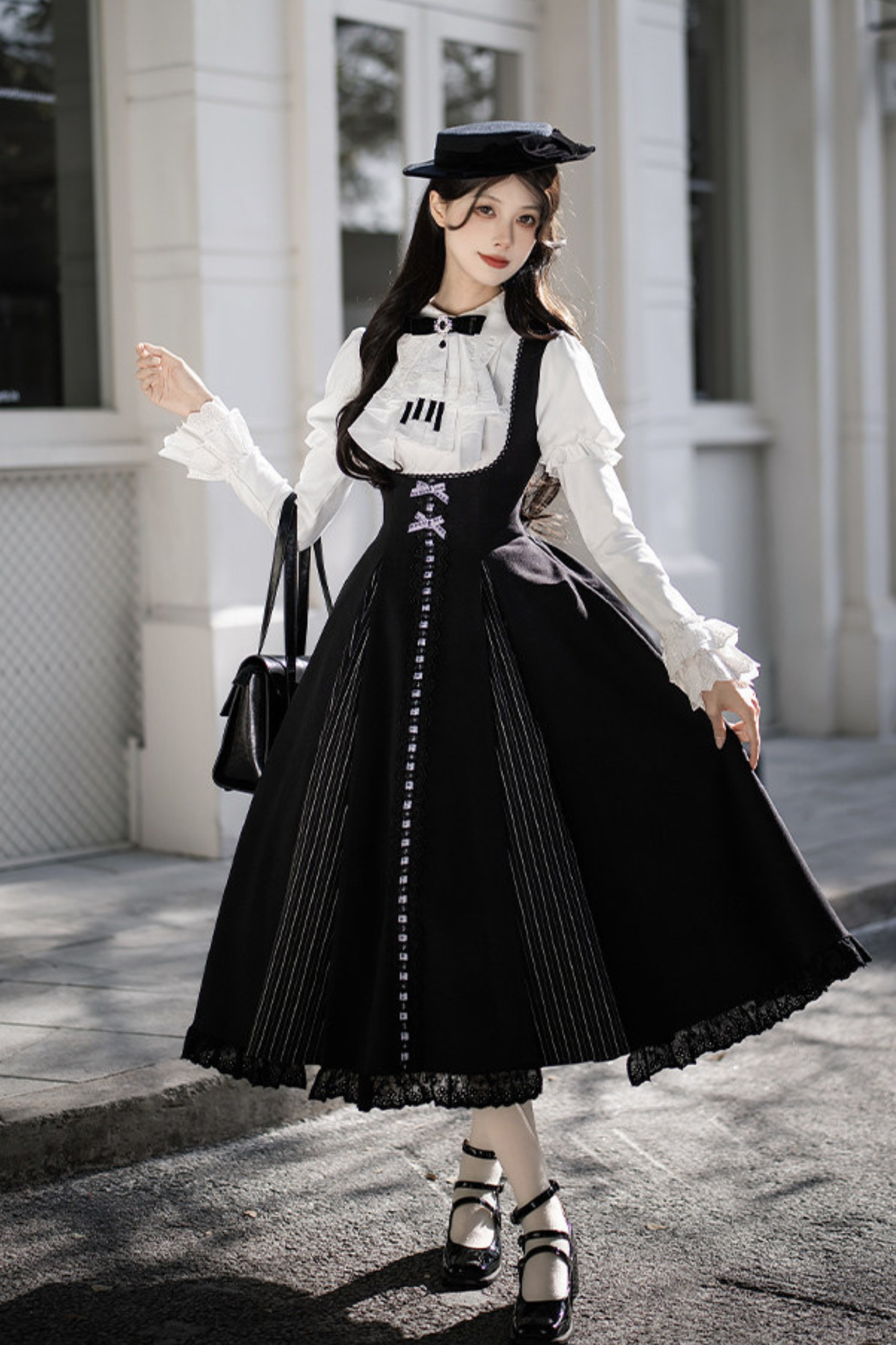 Sweet Lolita Flare Jumper Skirt + Tops + Hat + Ribbon + Collar