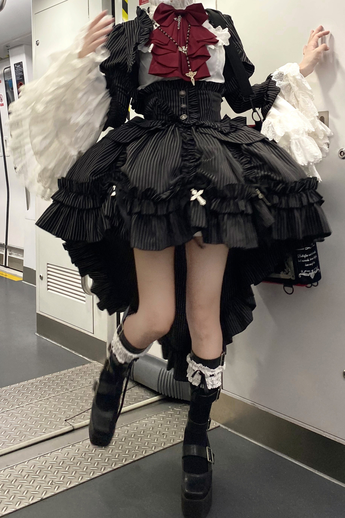 [pre-order Deadline: March 31] Cross Nocturne Gothic Dark Stripe Layered Top + Cross Rose Stripe Pull Up Skirt