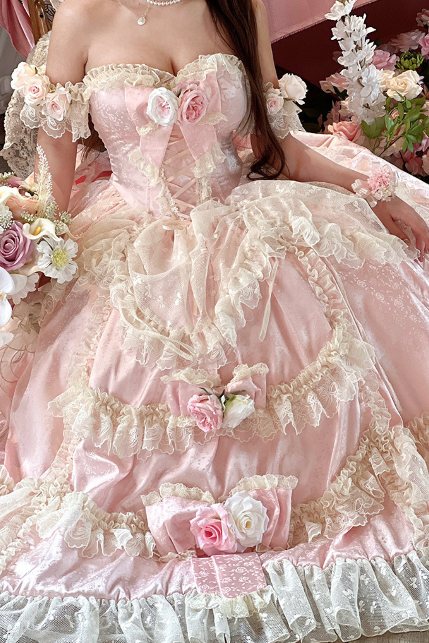 Love and Flower Sweet Dress + Ribbon Hair Accessory + Flower Hair Accessory