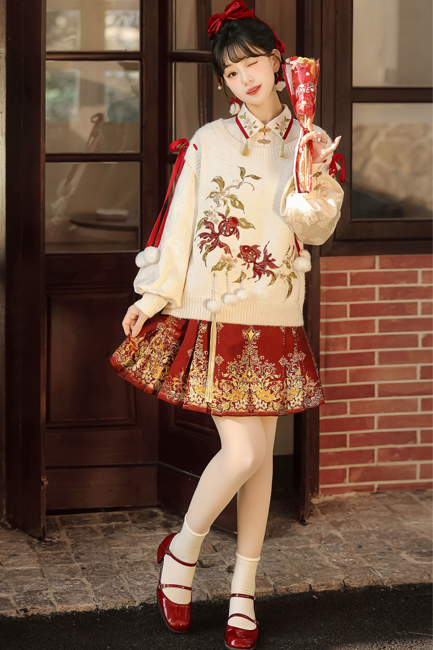 China Snow Knit Vest + Shirt + Skirt