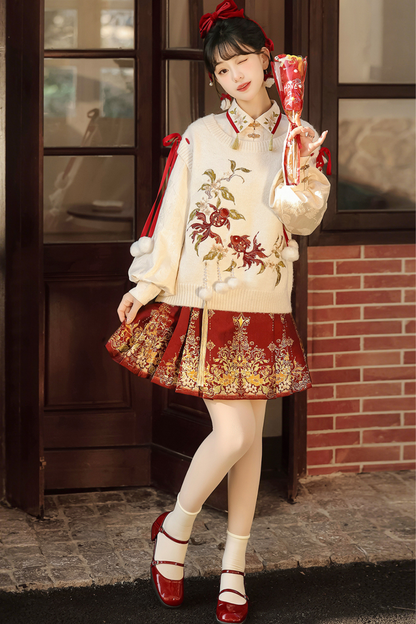 China Snow Knit Vest + Shirt + Skirt