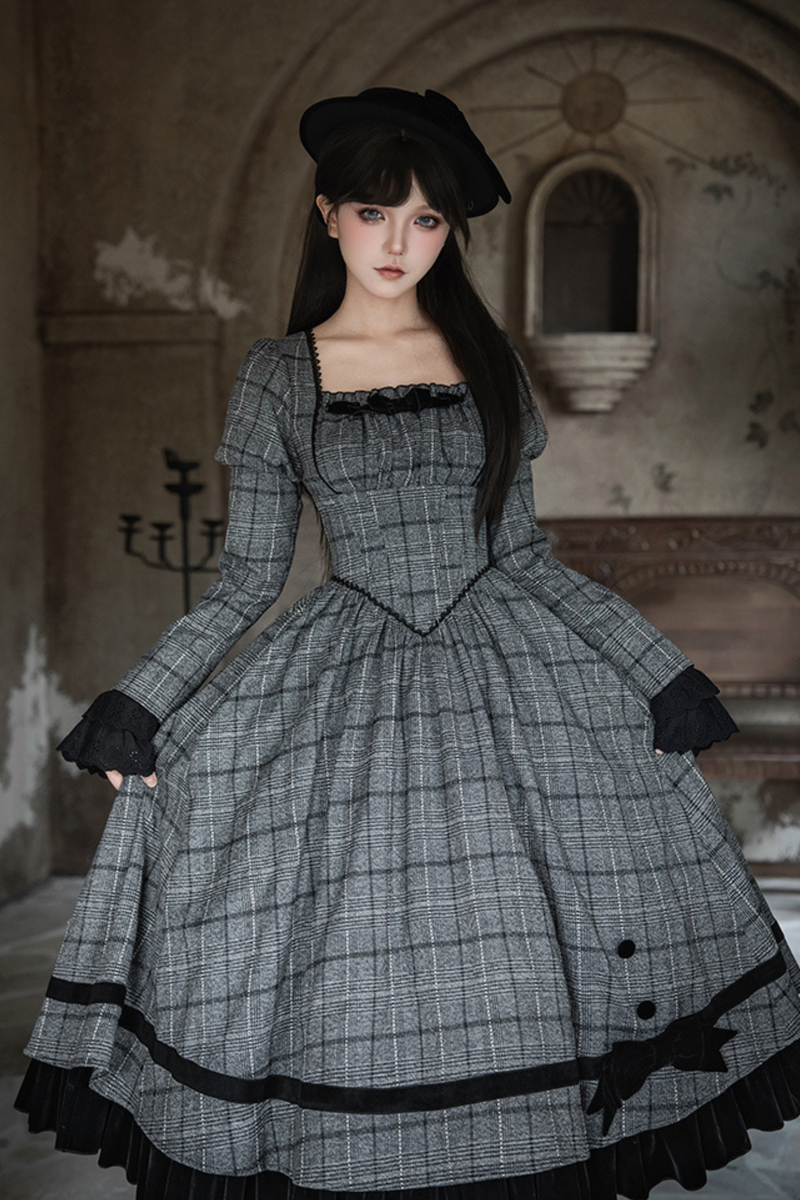 Plaid Fishbone Chest Jsk + Dress + Innerwear + Ribbon + Hat