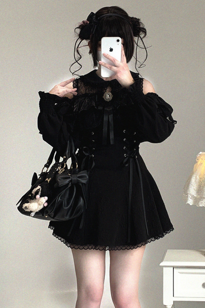 Off Shoulder Lace Up Lace Dress