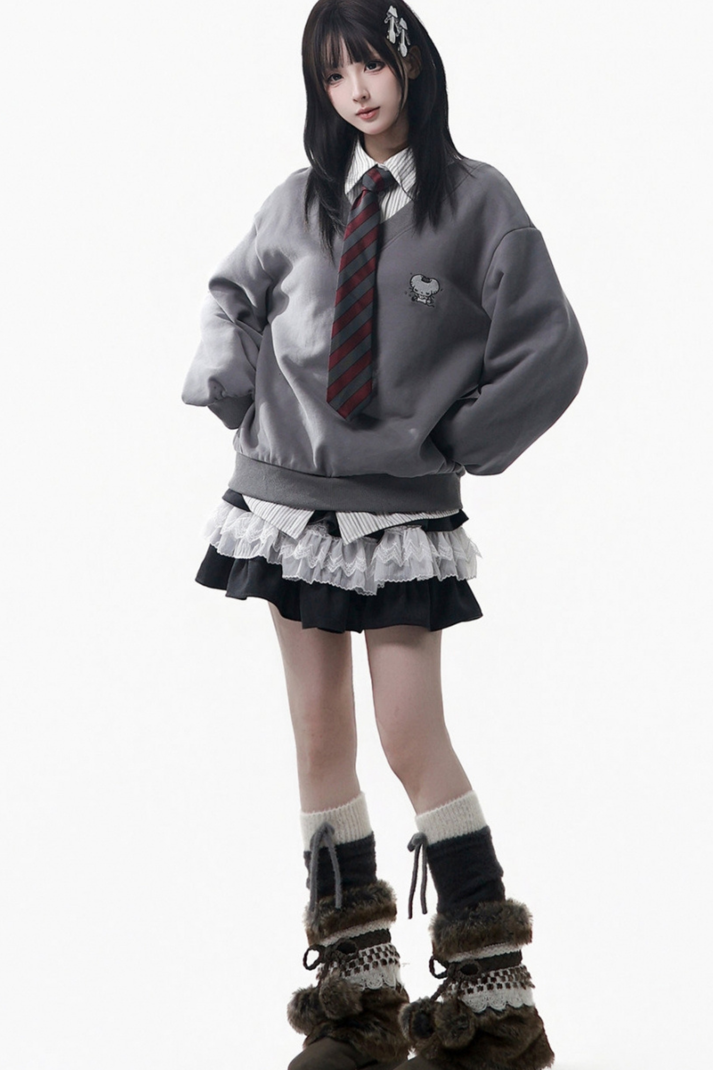 Big Fur Collar Jacket + Top + Skirt + Pants + Plaid Hooded Jacket
