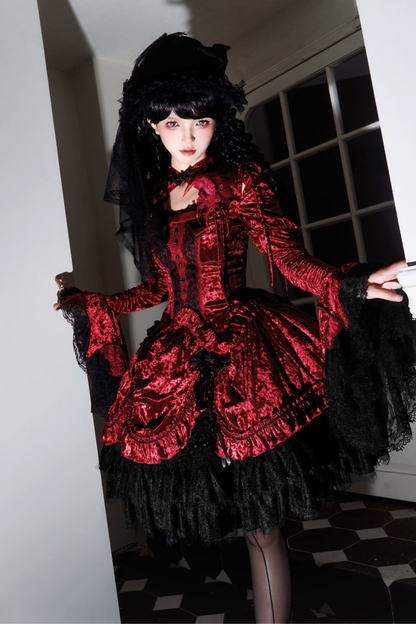 Gothic Velvet Sleeve Lolita Top + Vest + Skirt