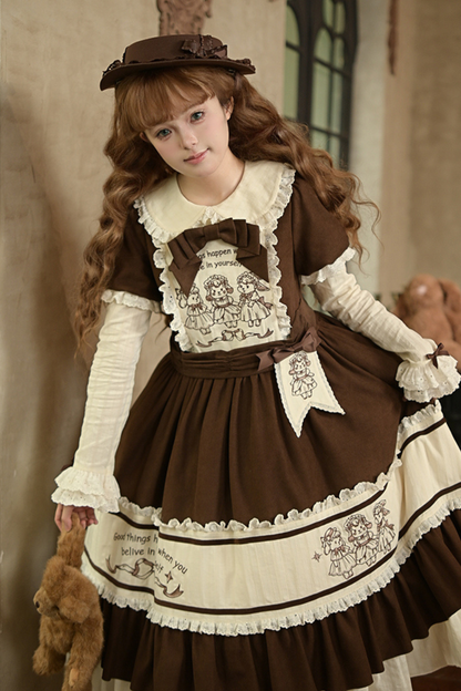 Doll Fairytale Lolita Dress + Bow Brooch + Belt + 2way Embroidery Brooch
