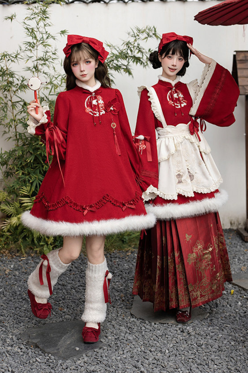 Chinese-style Big Sleeve Dress + Apron + Skirt + Leg Warmers + Hairband + Clip + Pin