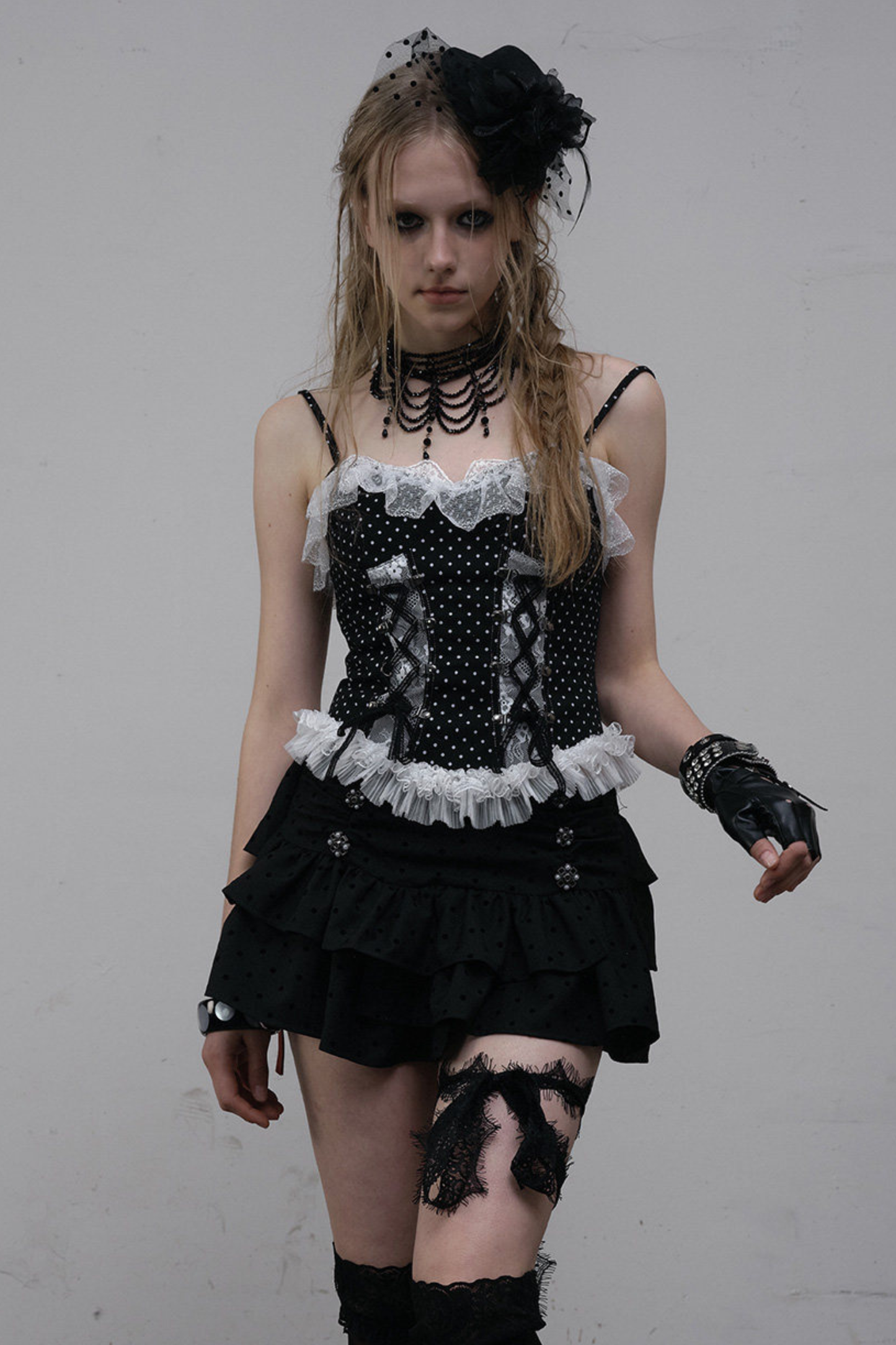 Dark Punk Polka Dot Lace Up Camisole