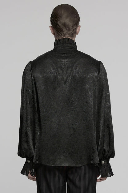 Black Stand Collar Long Puff Sleeves Jacquard Ruffle Embroidery Gothic Blouse