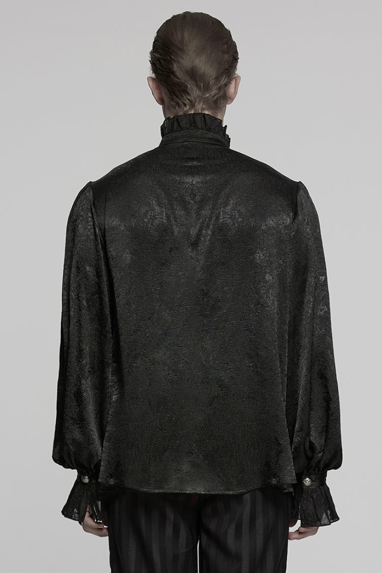 Black Stand Collar Long Puff Sleeves Jacquard Ruffle Embroidery Gothic Blouse