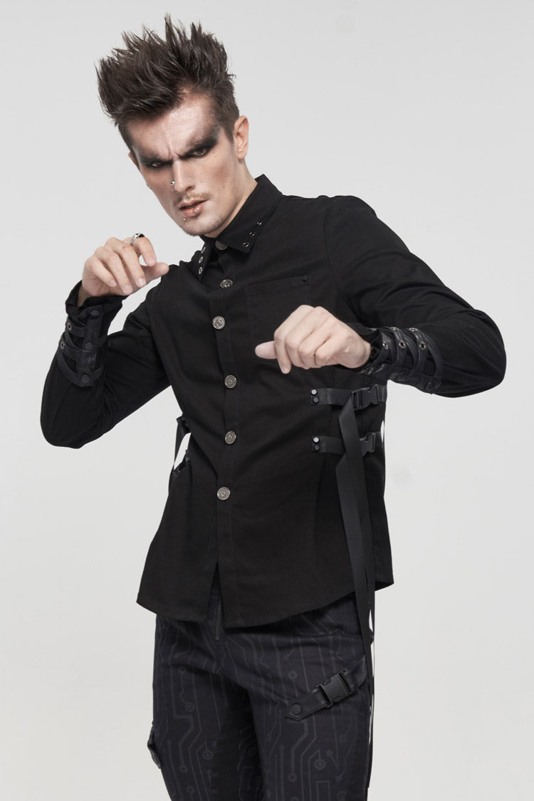 Black Nylon Strap Metal Buckle Decoration Long Sleeve Elasticity Punk Shirt