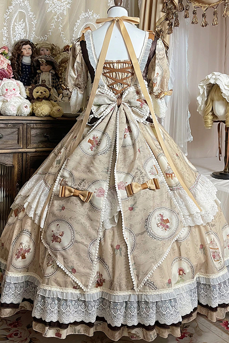 Brown [baker Street Tea Party] Short Sleeves High Waisted Print Ruffle Embroidery Cardigan Bowknot Lace-up Classic Princess Lolita Dress