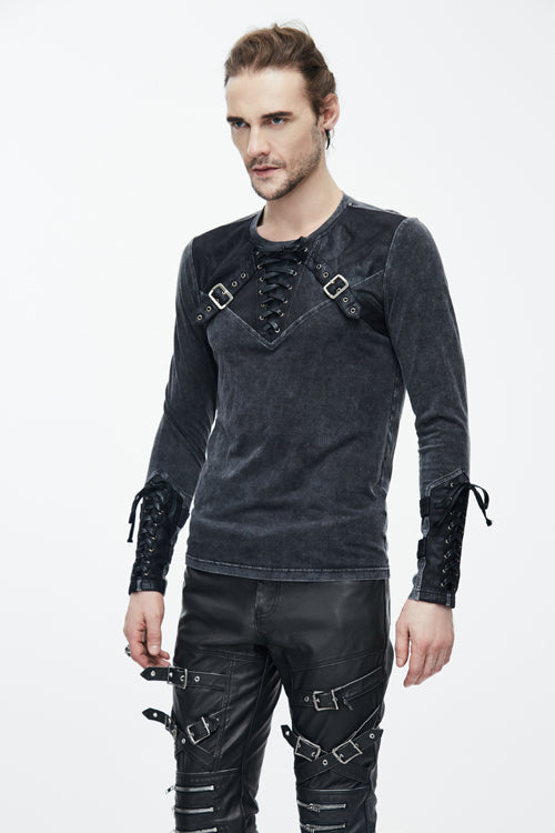 Black Faded Long Sleeves Lace Up Punk T-shirt
