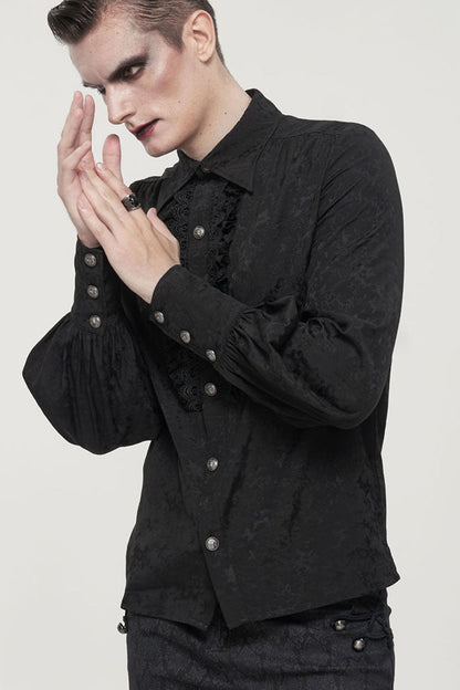 Black Gothic Metal Pattern Buckle Long Sleeve Pleated Lace Lantern Shape Printing Pattern Shirt