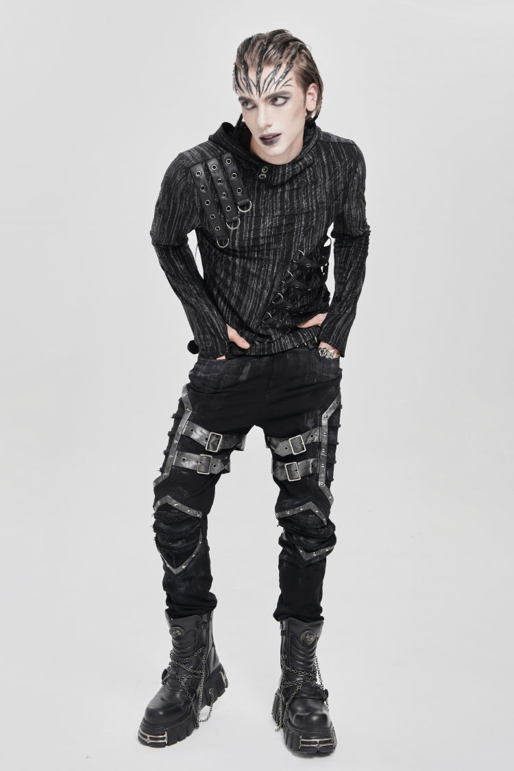Black Long Sleeves Irregular Hooded Straps Eyelet Punk Blouse
