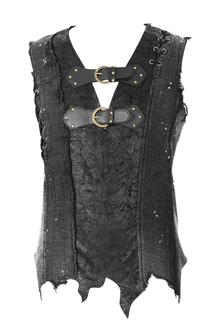Black V-neck Sleeveless Ripped Buckle Straps Gothic Vest