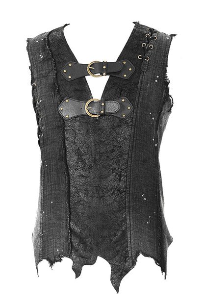 Black V-neck Sleeveless Ripped Buckle Straps Gothic Vest