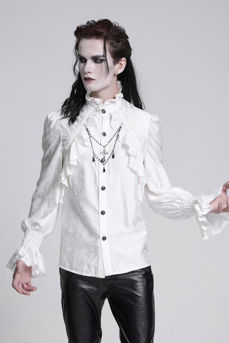 White Stand Collar Long Sleeves Ruffle Lace Cross Gothic Blouse
