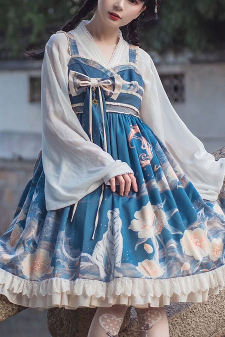 Blue White Tiger and Flowers Print Bowknot Chinese Style Classic Lolita Jsk Dress