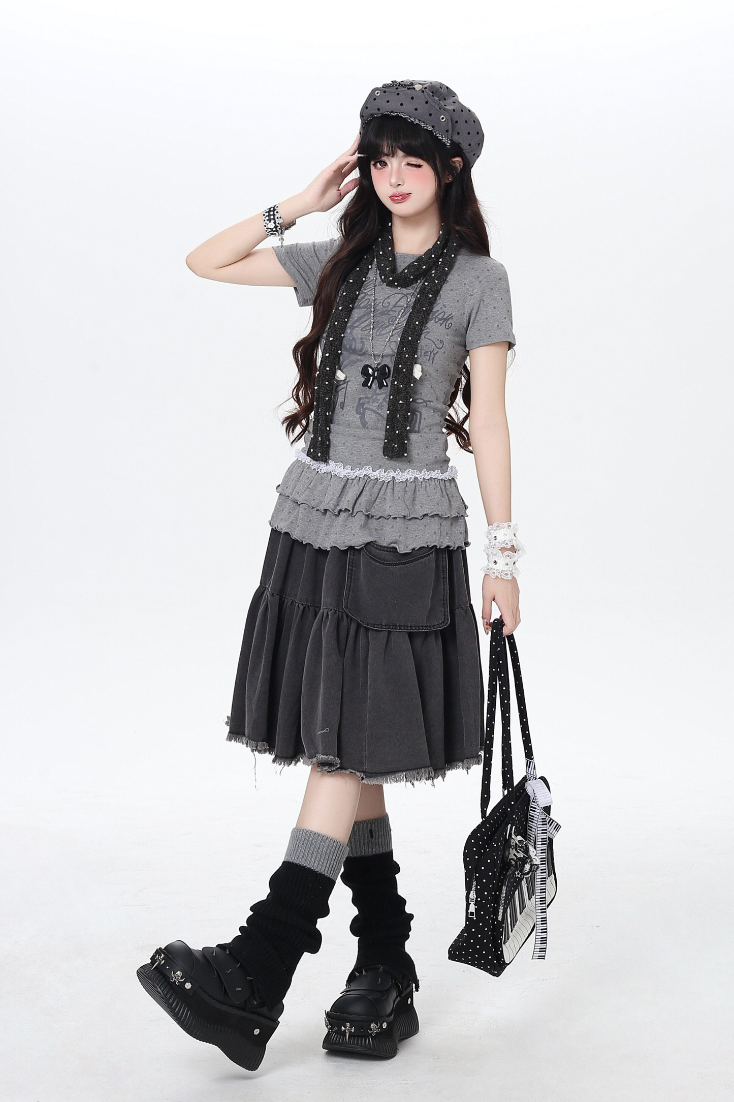 Polka Dot Ruffle Slim-fit Top