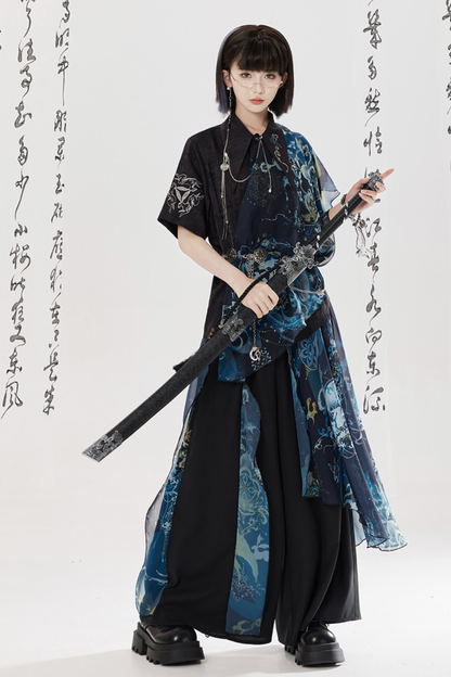 Dark Chinese-style Shirt + Wide Leg Pants + Chain + Belt