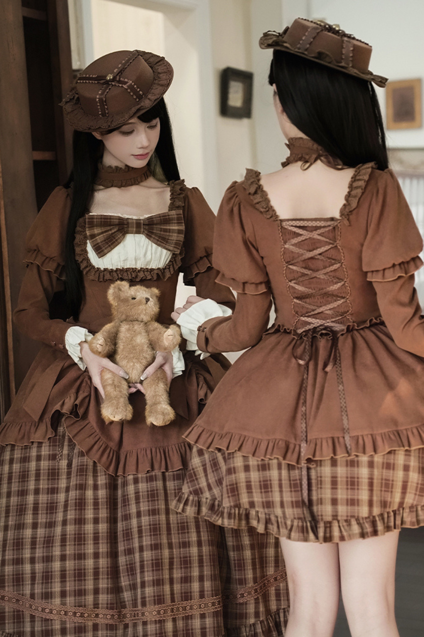Sweet Checked Doll Dress + 2-way Ribbon + Bow + Hat