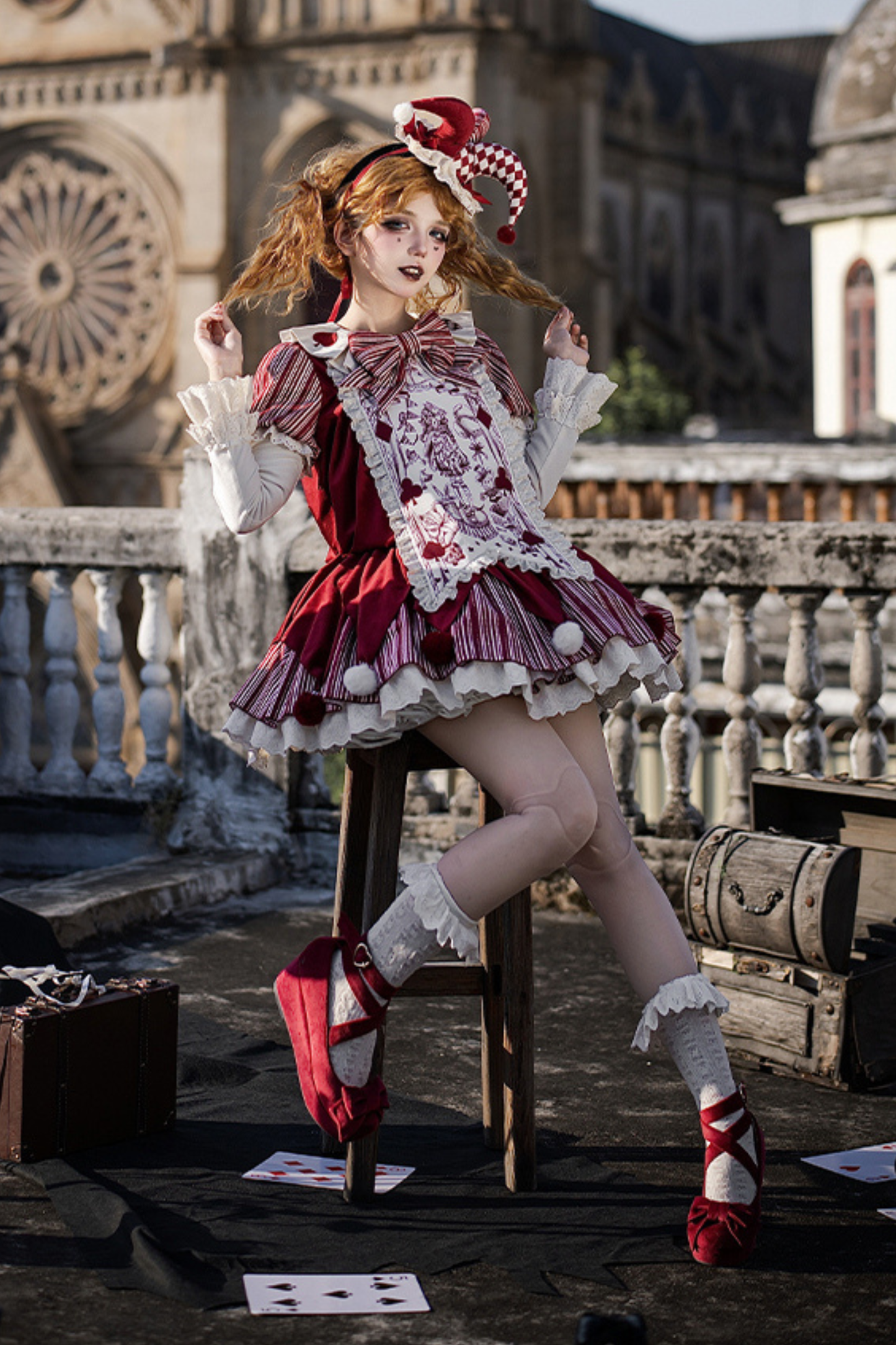 Doll Circus Pierrot Lolita Dress + Headband + Belt + Ribbon + Headband + Panel