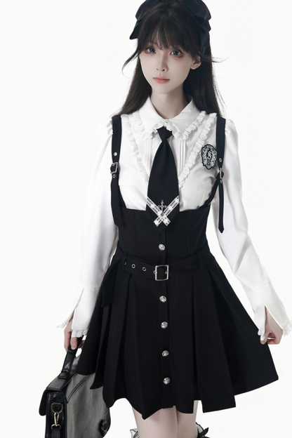 College Jacket + Suspender Skirt + Blouse + Tie
