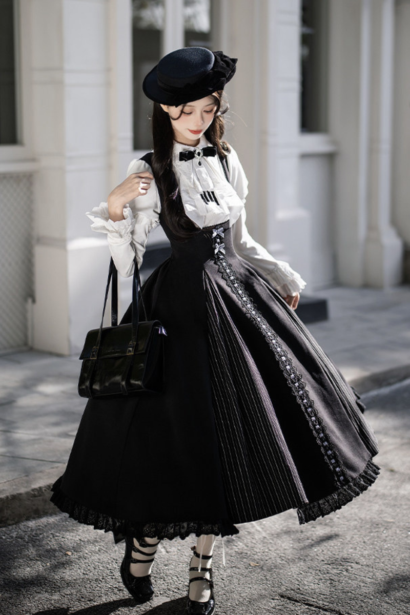 Sweet Lolita Flare Jumper Skirt + Tops + Hat + Ribbon + Collar