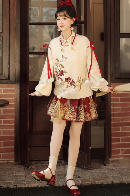 China Snow Knit Vest + Shirt + Skirt