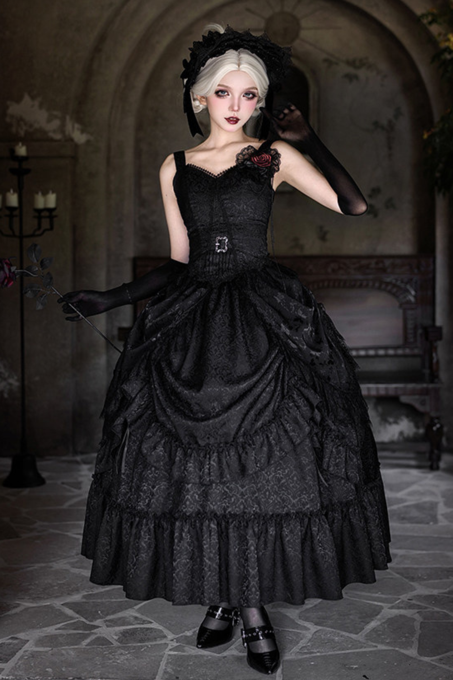 Gothic Corset Top + Short Coat + Hose + Curtain + Skirt + Flower + Bonnet
