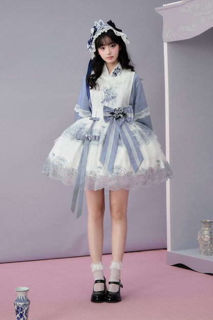 Chinese-style Jacket + Skirt + Overskirt + Ribbon + Brooch + Headband