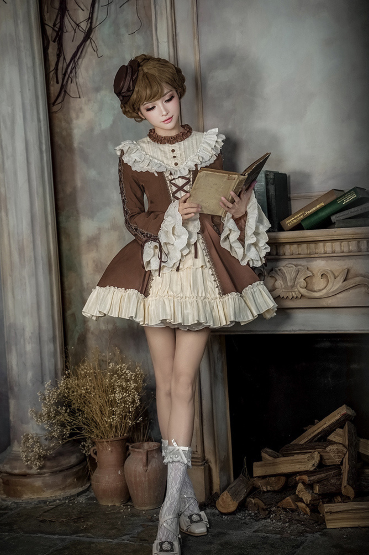 Lace Stand Collar Flared Sleeve Twin Doll Lolita Dress + Collar + Hat