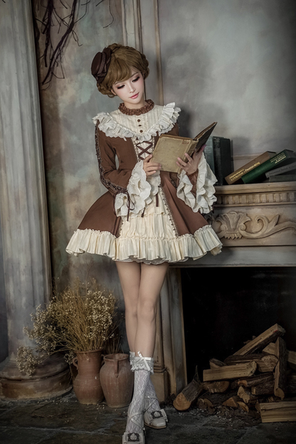 Lace Stand Collar Flared Sleeve Twin Doll Lolita Dress + Collar + Hat