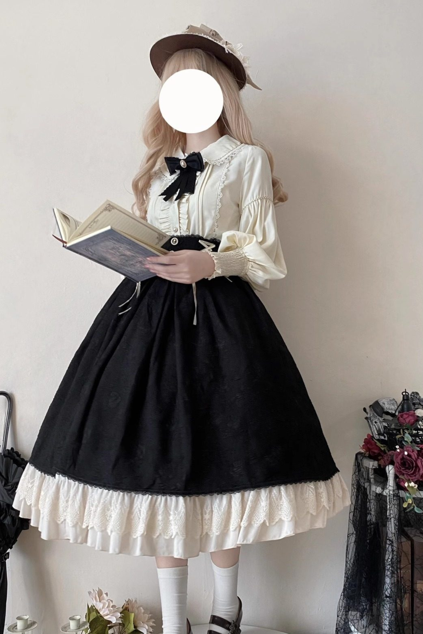 Retro Lolita Shirt + Lace-up High-waist Lolita Skirt