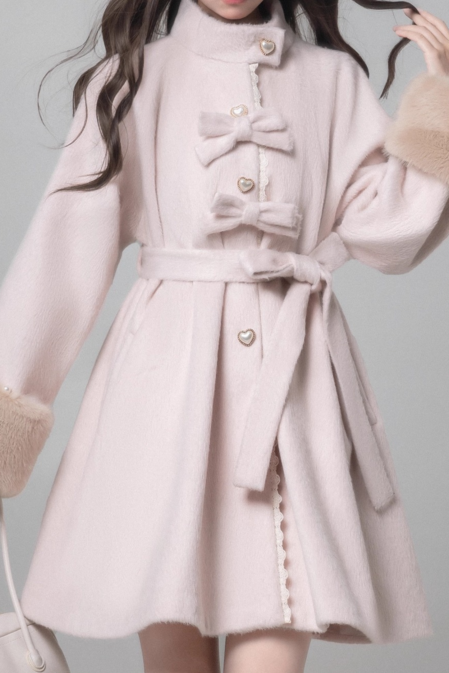 Sweet Girly Ribbon Flared Coat + Fur Collar + Shirt + Skirt + Beret