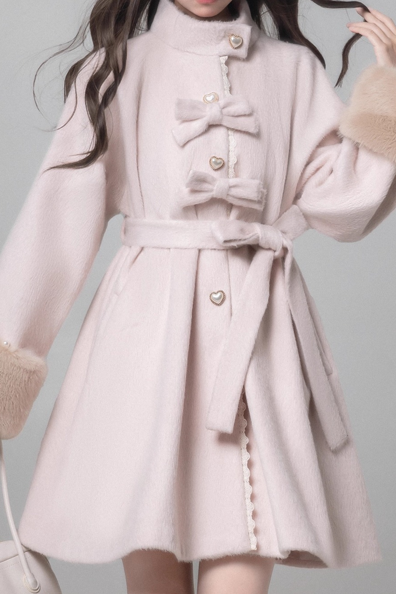 Sweet Girly Ribbon Flared Coat + Fur Collar + Shirt + Skirt + Beret