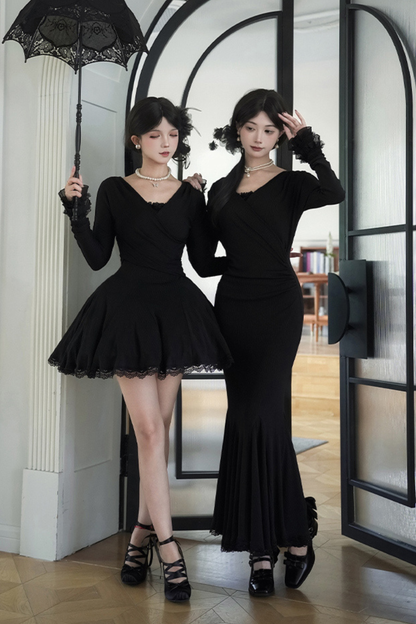 Low V-neck Knit Stretch Slim Dress
