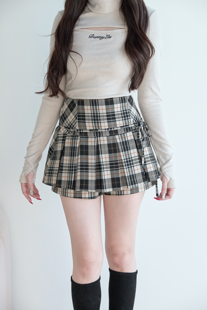 High Neck Knit Top + Plaid Skirt