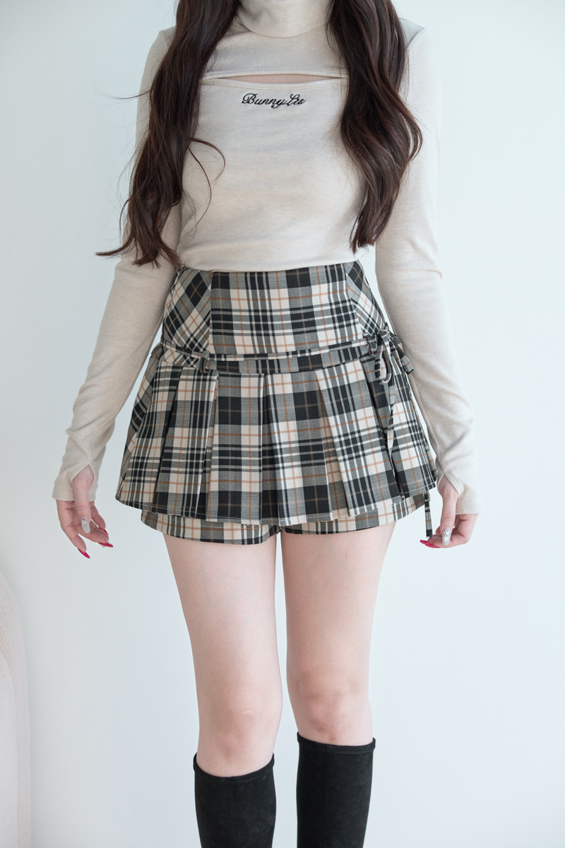 High Neck Knit Top + Plaid Skirt