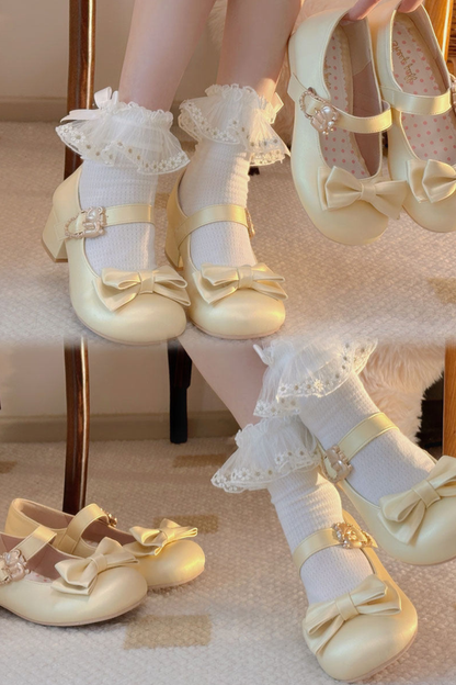 Satin Sheep Puff Ribbon Shoes