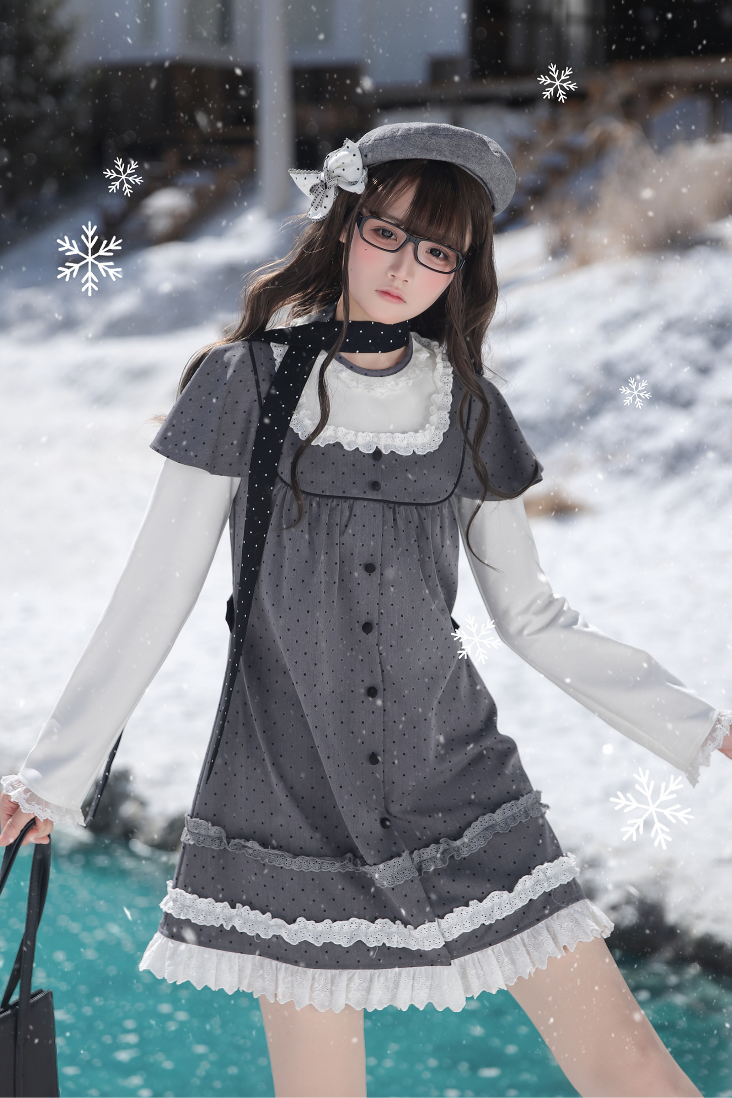 Gray Polka Dot Doll Dress + Beret