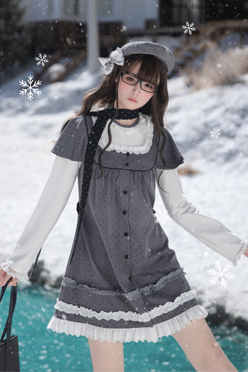 Gray Polka Dot Doll Dress + Beret