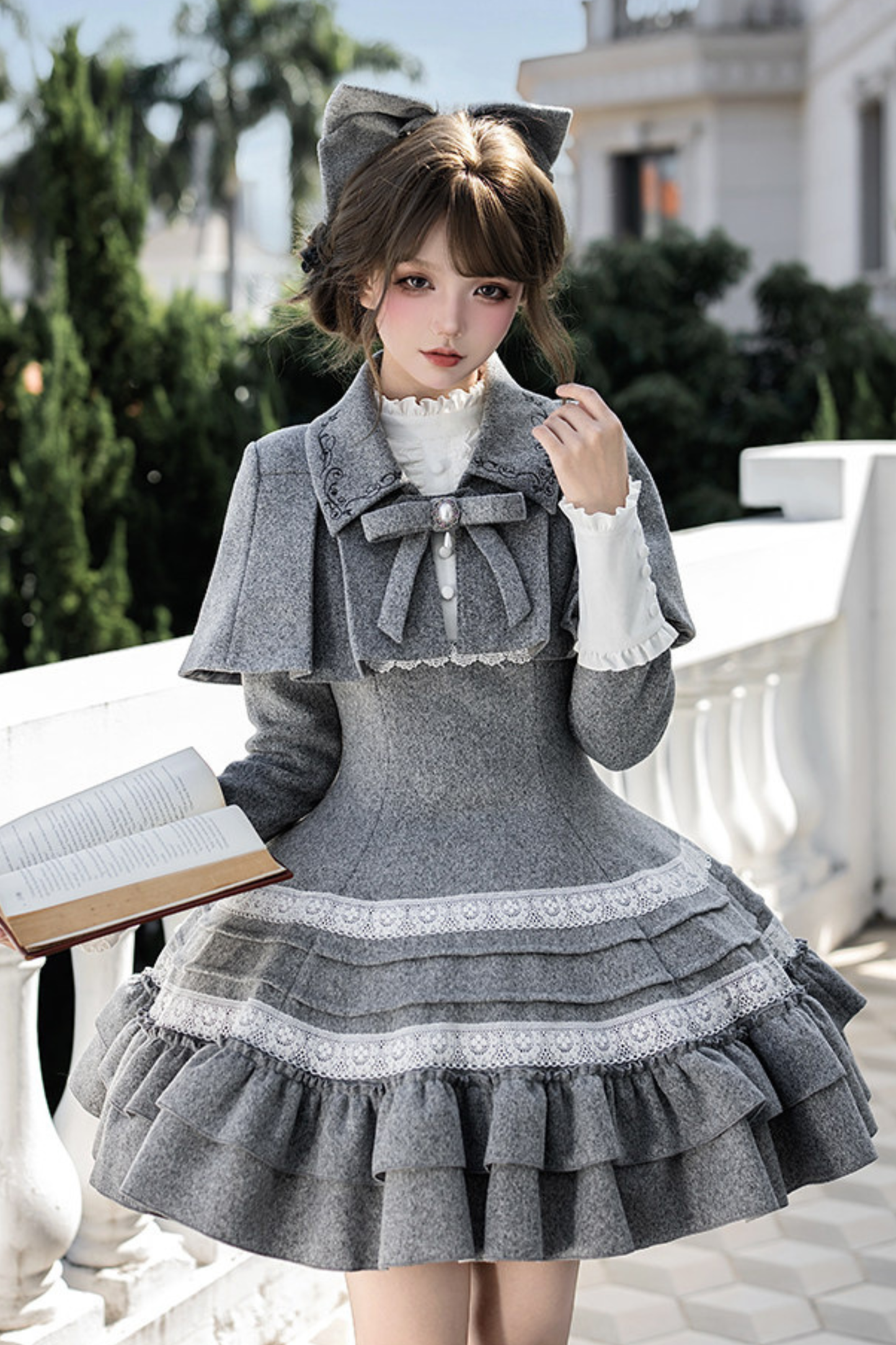 Ruffled Cape Coat + Dress + Hair Accessories + Brooch