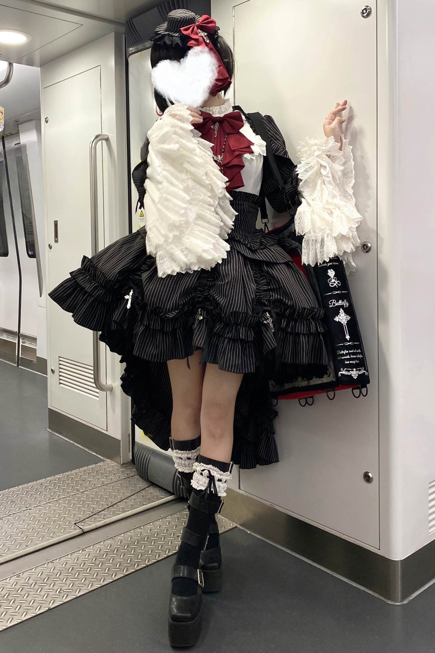 [pre-order Deadline: March 31] Cross Nocturne Gothic Dark Stripe Layered Top + Cross Rose Stripe Pull Up Skirt