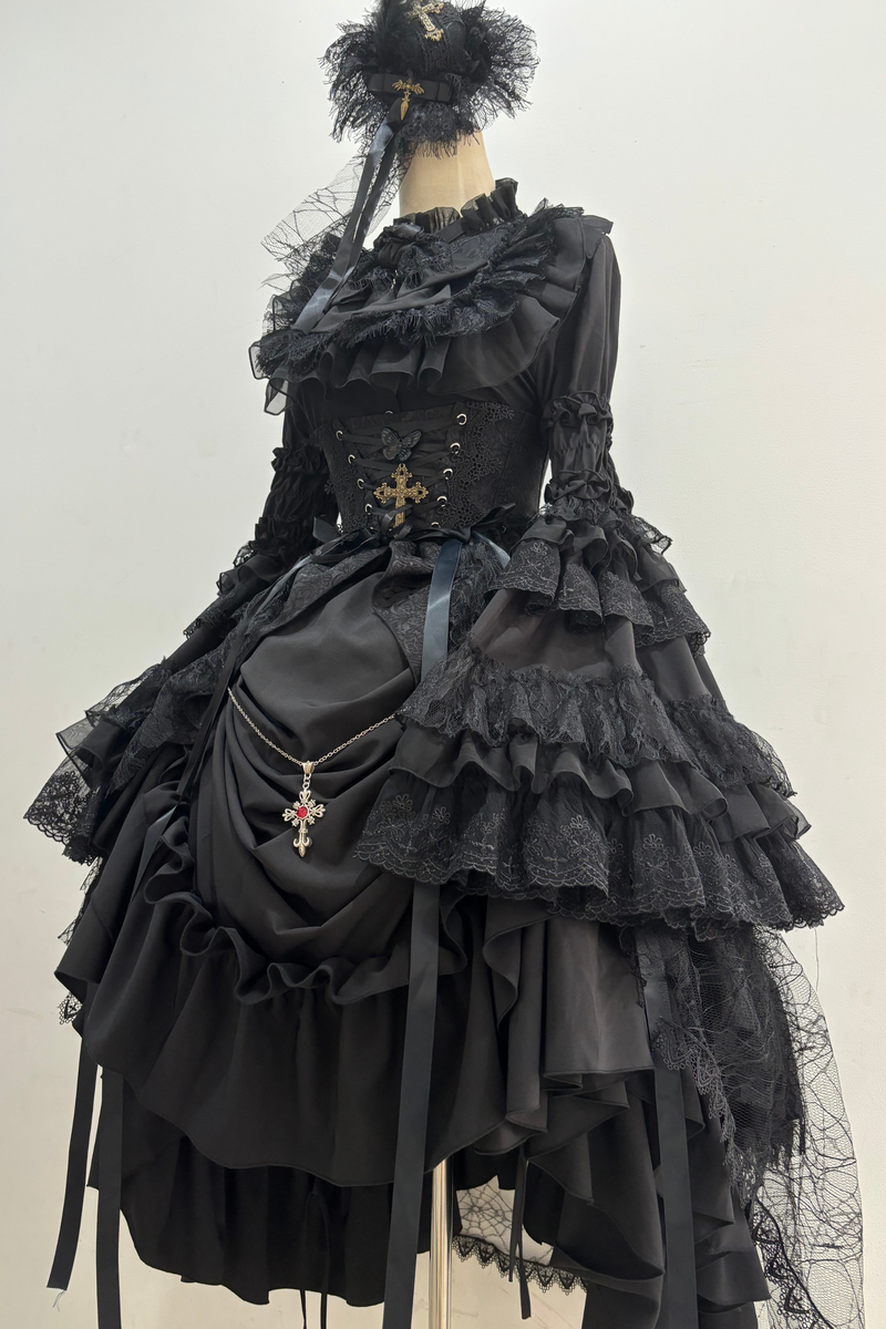 Gothic Super Jisleeve Lolita Shirt + Ruffle Skirt + Hat