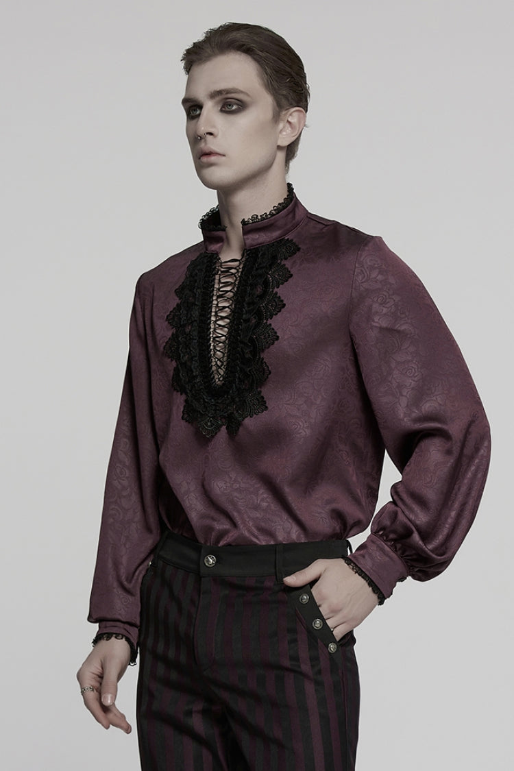 Red Stand Collar Long Sleeves Ruffle Embroidery Lace-up Plunging Rose Gothic Blouse