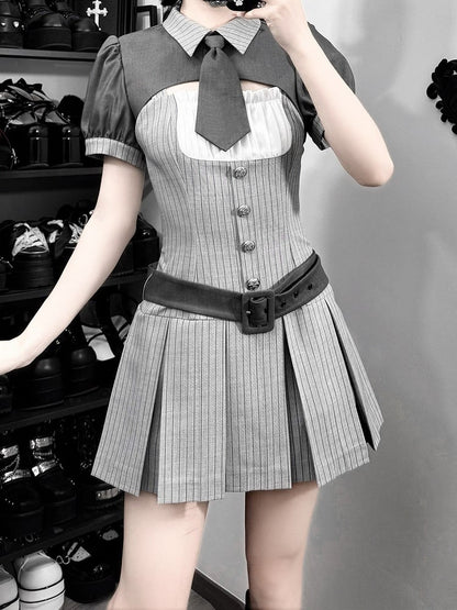 [pre-order Deadline: April 15] Gray Pinstripe Tie Collar Short Jacket Dress Full Set + Jewel Casquette
