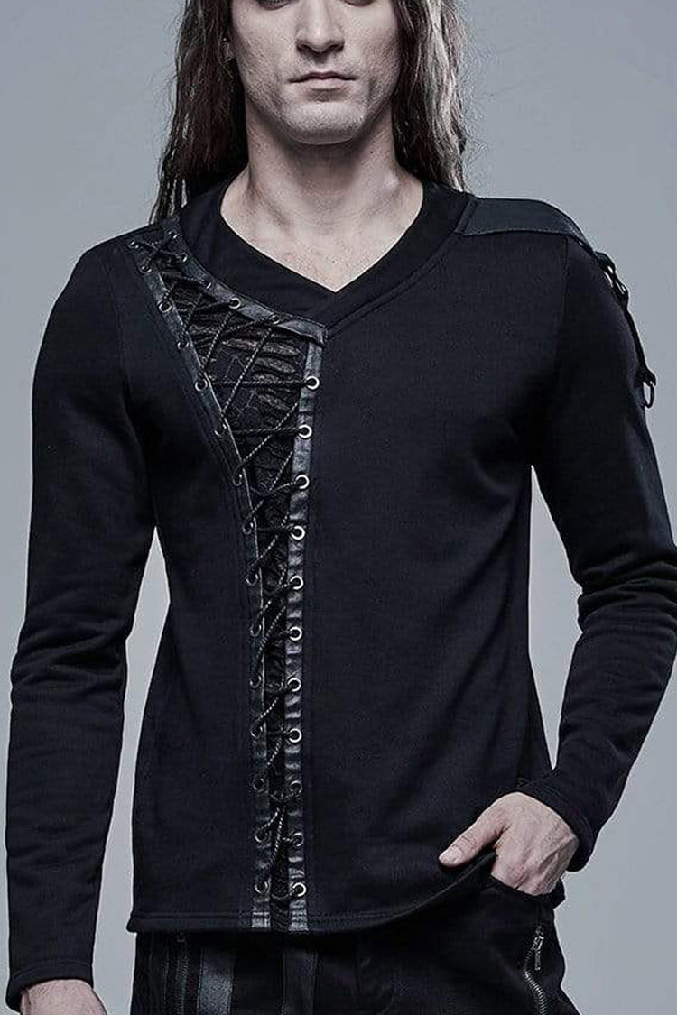Black Long Sleeve Knit Front Splice Imitation Leather Lace Up Punk T-shirt